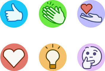 Buttons of reactions for professional network in color. Like, celebrations, support, love, interesting, curiosity in linkedin.