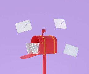 3D Red mailbox with flying envelope, mail delivery, and newsletter concept. 3d render illustration