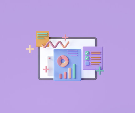 Online marketing, financial report chart, data analysis, and web development concept. 3d render illustration