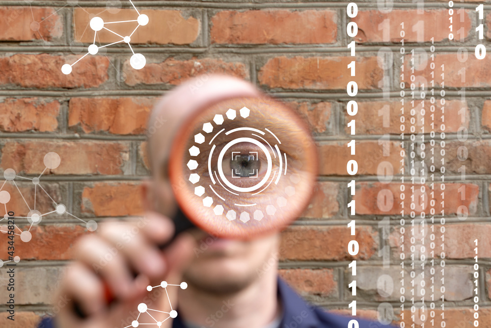 Poster authentication by facial recognition concept. biometric. security system. eye recognize ai technolog
