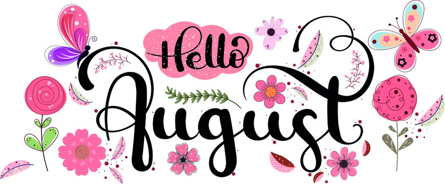  Hello August. AUGUST month vector with ornaments and leaves. Decoration floral. Illustration month August	

