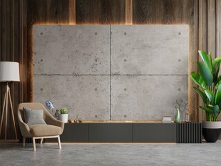 Cabinet for tv the in modern living room with brown armchair the concrete wall.