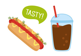 Hotdog American Fast food and coffee to go doodle cartoon set. Hand drawn color doodle hotdog and soda takeaway sign. Card menu delicious fast food, cup drink tasty unhealthy lunch Vector illustration