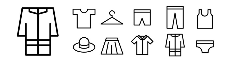 Clothes icon collection. Outline minimal signs for fashion business. Pixel perfect. Editable Strokes.