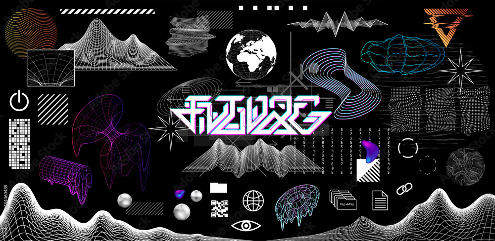 Poster Modern trendy geometric elements and 3D shapes. Digital vaporwave  in memphis and glitch style. Retrofuturistic Geometric elements set for trendy design. Vector set memphis and Vaporwave shapes