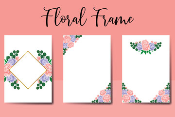 Wedding invitation frame set, digital art hand drawn Watercolor Pink and Purple Rose Flower design Invitation Card Template