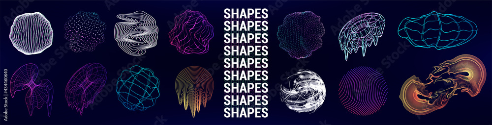 Poster retrofuturistic geometric shapes with glitch and liquid effect. universal trendy cyberpunk elements.