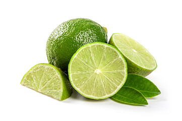 Fresh lime with cut in half and leaves isolated on white background.