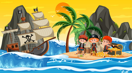 Treasure Island scene at sunset time with Pirate kids © brgfx