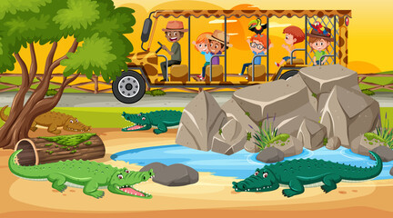 Safari at sunset scene with kids watching crocodile group