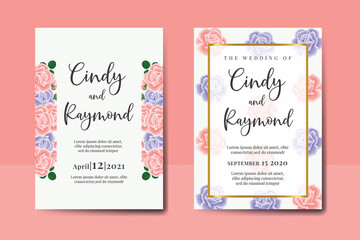 Wedding invitation frame set, digital art hand drawn Watercolor Pink and Purple Rose Flower design Invitation Card Template