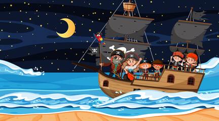 Scène de plage la nuit avec des enfants pirates sur le bateau