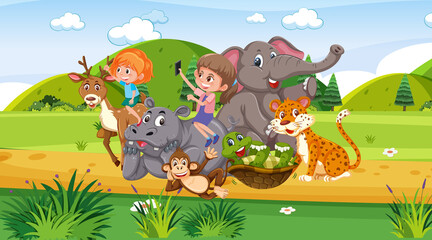 Zoo scene with many kids playing with zoo animals