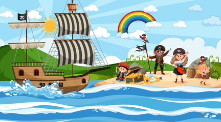 Scène de l& 39 île au trésor pendant la journée avec des enfants pirates