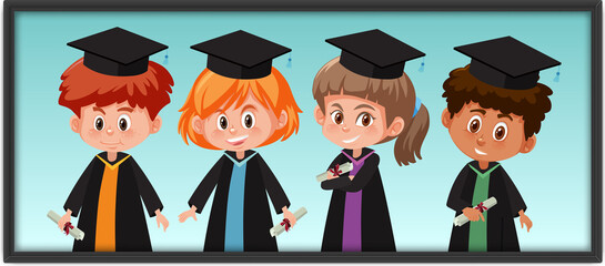 Obraz premium Many children in graduation costume in photo frame