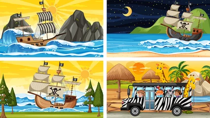 Fotobehang Set of different scenes with animals in the zoo and pirate ship at the sea © brgfx