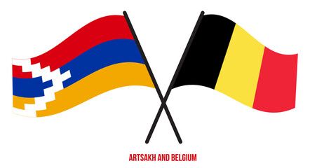 Artsakh and Belgium Flags Crossed And Waving Flat Style. Official Proportion. Correct Colors.