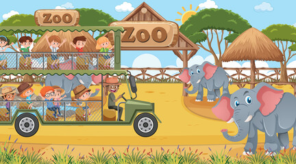 Obraz na płótnie Canvas Safari at daytime scene with children watching elephant group