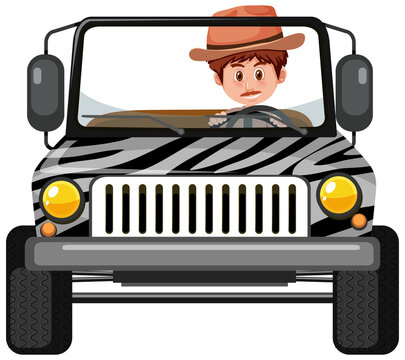 Zoo concept with driver man in jeep car isolated