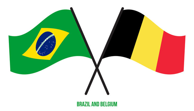 Brazil and Belgium Flags Crossed And Waving Flat Style. Official Proportion. Correct Colors.