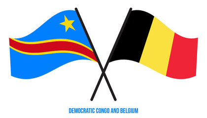 Democratic Congo and Belgium Flags Crossed & Waving Flat Style. Official Proportion. Correct Colors.