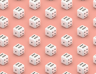 Seamless dice isometric pattern on pink background, 3d illustration. Concept of gambling and game