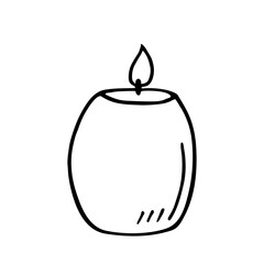 Burning round aroma candle isolated on white background. Vector hand-drawn illustration in doodle style. Aromatherapy, relaxation design element. Suitable for cards, logos, decorations.