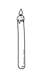 Long and thin burning candle with dripping wax isolated on white background. Vector illustration hand-drawn in doodle style. Suitable for cards, logos, decorations.