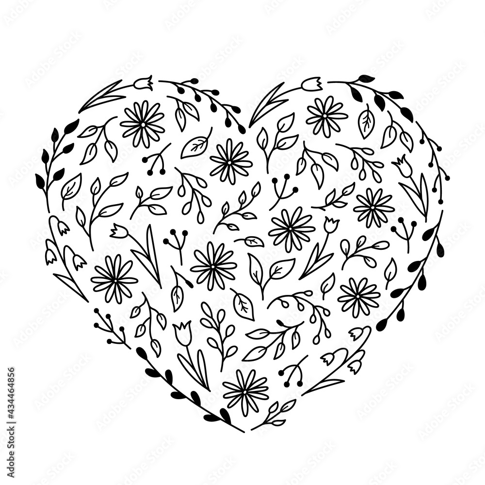 Poster Floral elements in the shape of a heart. Chamomiles, tulips, spring twigs and leaves in doodle style. Vector hand-drawn illustration. Template for the design of greeting cards, invitations, covers.