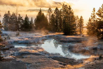 dramatic frosty and foggy autumn morning covering the yellowstone lake , hot sprinngs and cones in the West Thumb Geyser basin in Yellowstone national park in Wyoming. - Powered by Adobe