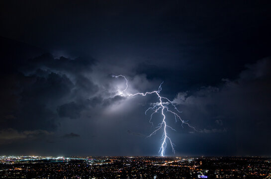 Massive Lightning Strike Over the Brisbane City Suburbs Lights