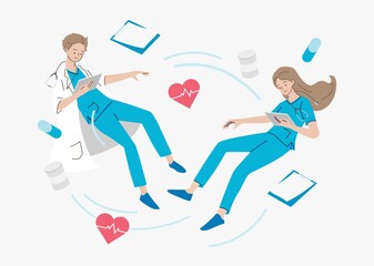 Fototapeta premium Doctor floating in the air with medical supply. Health care and medical concept. Hand draw style. Vector illustration. 