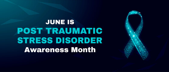 Post-Traumatic Stress Disorder Awareness Month concept. PTSD banner template with glowing low poly. Futuristic modern abstract. Isolated on dark background. Vector illustration.