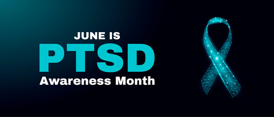 Post-Traumatic Stress Disorder Awareness Month concept. PTSD banner template with glowing low poly. Futuristic modern abstract. Isolated on dark background. Vector illustration.