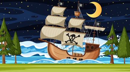 Ocean with Pirate ship at night scene in cartoon style