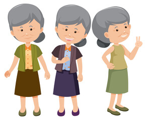 Set of old woman cartoon character with different positions