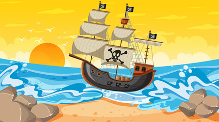Beach scene at sunset time with Pirate ship in cartoon style