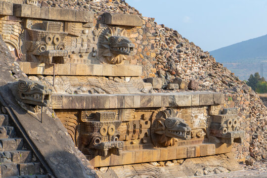 Temple of Quetzalcoatl at Citadel in Teotihuacan in city of San Juan Teotihuacan, State of Mexico, Mexico. Teotihuacan is a UNESCO World Heritage Site since 1987. 