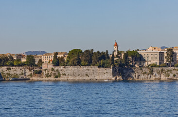Waterfront promenade by Venetian fortress in Corfu town Greece