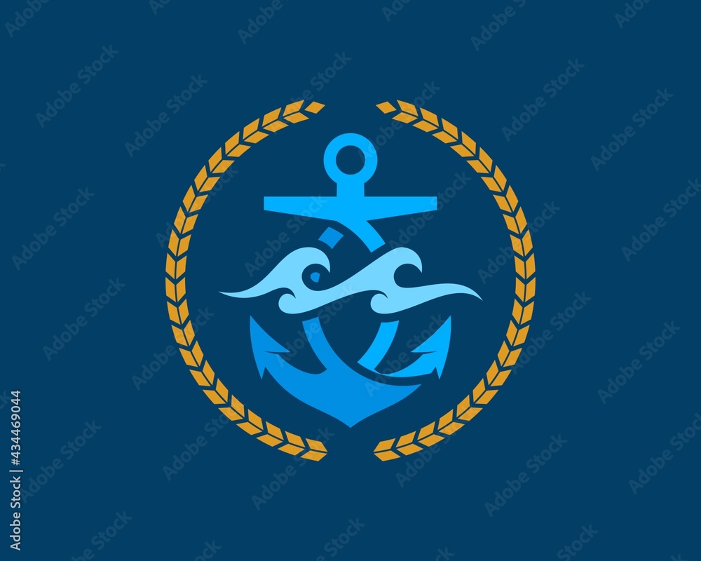 Sticker circular wheat with abstract nautical anchor and beach wave inside