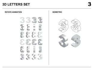 3d 3 Number Letters Set Animate Isometric Wireframe Vector