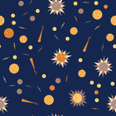 Asteroids, stars, Ufo, space. Seamless pattern of satellite, planets and meteors, vector illustration. Fabrics and textiles for baby, children, kid. Endless space background with  galaxy, universe.
