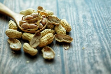 Peanuts on wooden spoon.