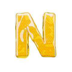 Honey comb letter N. 3d illustration honey alphabet.