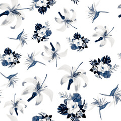 Gray Seamless Nature. White Pattern Exotic. Blue Tropical Vintage. Navy Spring Foliage. Azure Floral Painting. Cobalt Flora Nature. Navy Isolated Hibiscus.
