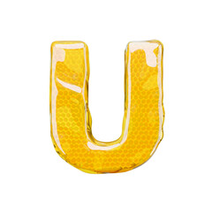 Honey comb letter U. 3d illustration honey alphabet.