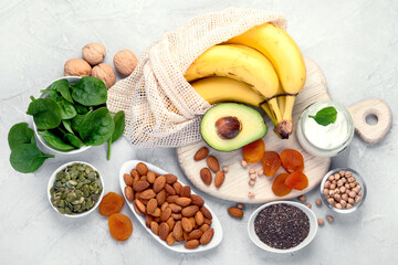 Assortment of products containing magnesium. Healthy diet food.