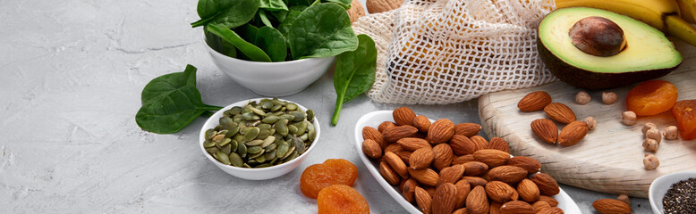 Assortment of products containing magnesium. Healthy diet food.