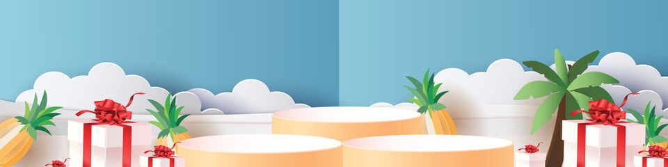 3d geometric podium mockup leaf tropical netural concept for showcase yellow background Abstract minimal scene product presentation summer season paper art