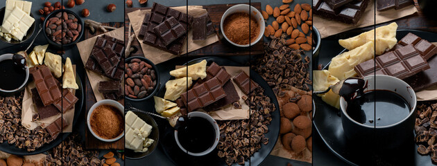 Collage of delicious chocolate bars and pieces on gray background.